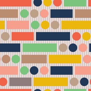 Retro Abstract Geometric Stripes Circles Rectangles in 1970s Orange Blue Yellow Green Grey Pink - UnBlink Studio Jackie Tahara