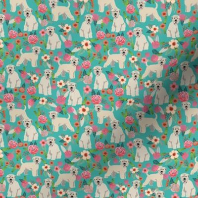 irish wheaten (SMALL) dog floral fabric - irish wheaten terrier fabric, soft coated wheaten terrier, dog florals, floral fabric, dog design - teal