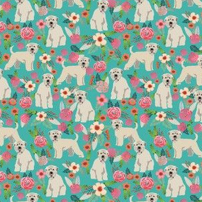 irish wheaten (SMALL) dog floral fabric - irish wheaten terrier fabric, soft coated wheaten terrier, dog florals, floral fabric, dog design - teal