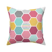 Pink Hexagons w Stripes, Dots and Triangles