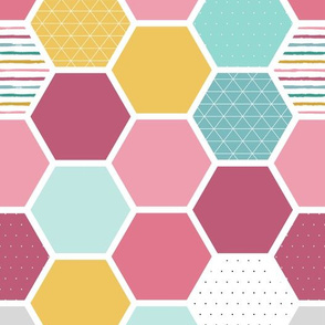 Pink Hexagons w Stripes, Dots and Triangles