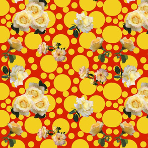 Yellow Roses on Yellow Polkadots on Red by DulciArt,LLC