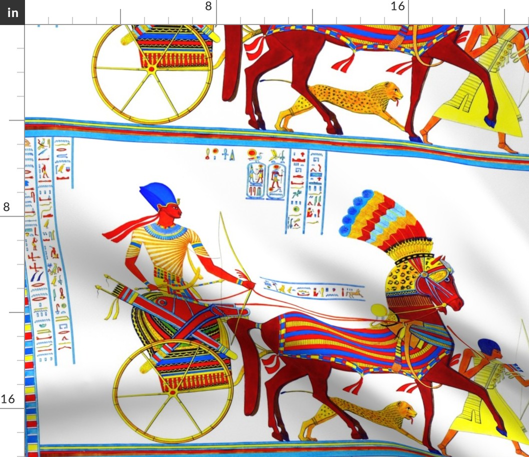 ancient egypt egyptian pharaoh kings hieroglyphics colorful crowns chariots hunting hunter horses arrows bows leopard cheetah boy servants animals yellow red blue orange royalty tribal  