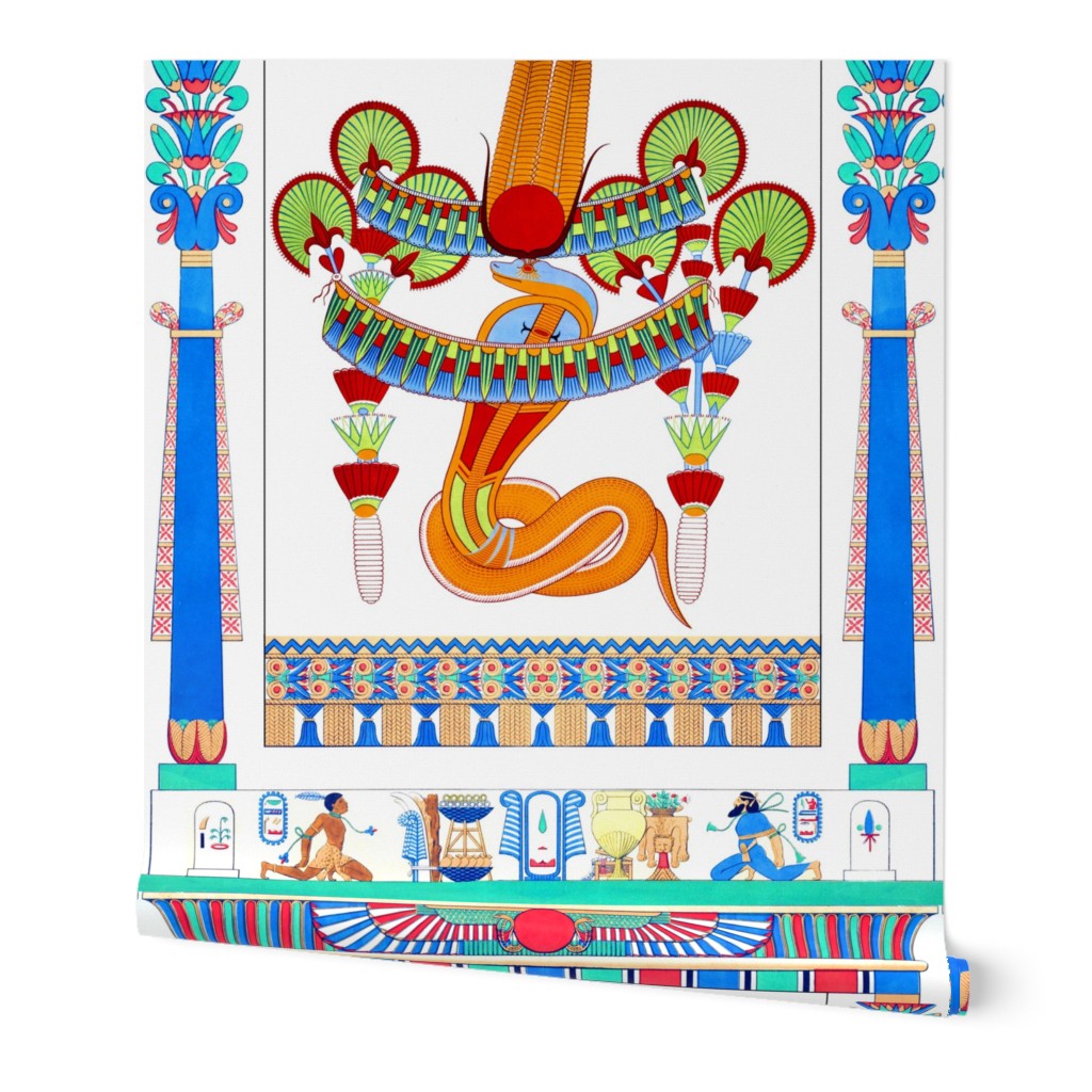 ancient egypt egyptian cobra snakes goddesses Wadjet crowns  scarab beetles wings hieroglyphics lily lilies lotus papyrus columns flowers floral palm trees pillars feathers sun horns trees colorful  orange red green blue green yellow tribal offerings trib