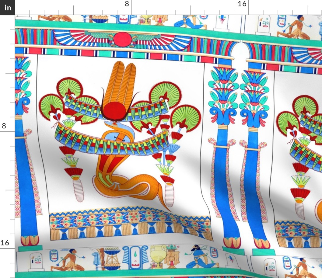 ancient egypt egyptian cobra snakes goddesses Wadjet crowns  scarab beetles wings hieroglyphics lily lilies lotus papyrus columns flowers floral palm trees pillars feathers sun horns trees colorful  orange red green blue green yellow tribal offerings trib
