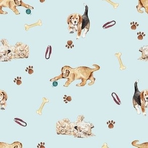 Watercolour Puppies Playing With Bones And Footprints Sky Blue Medium