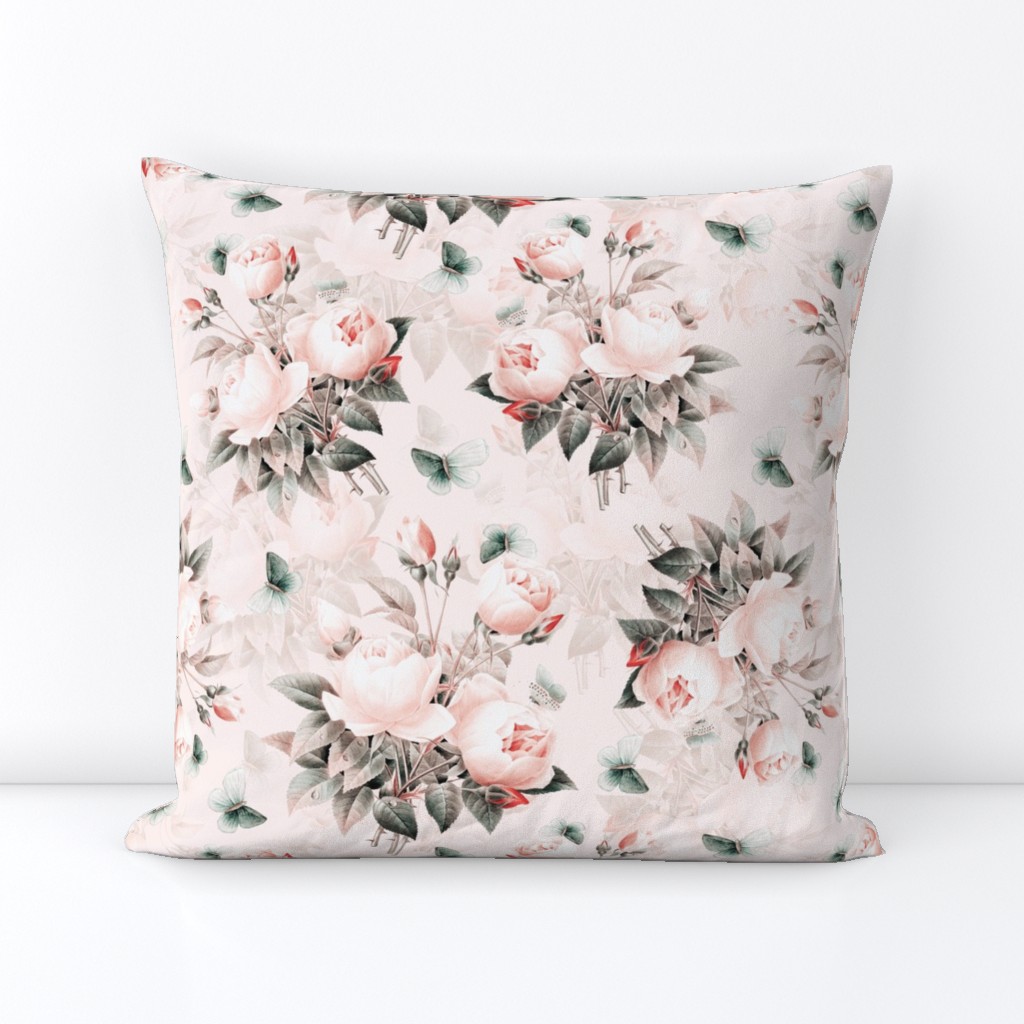 14"  Pierre-Joseph Redouté- Pierre-Joseph Redoute- Redouté fabric,Roses fabric-Redoute roses- - Victorian Moody Flowers Blush Roses Bouquets- Redoute fabric, double layer on blush pink