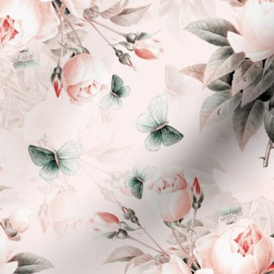 14"  Pierre-Joseph Redouté- Pierre-Joseph Redoute- Redouté fabric,Roses fabric-Redoute roses- - Victorian Moody Flowers Blush Roses Bouquets- Redoute fabric, double layer on blush pink