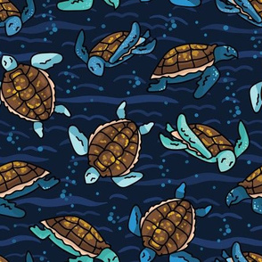  Cute swimming group of sea turtles cartoon seamless pattern.