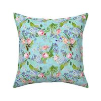 14"  Pierre-Joseph Redouté- Pierre-Joseph Redoute- Redouté fabric,Roses fabric-Redoute roses- - Victorian Moody Flowers Blush Roses, Lilacs and Hydrangea Bouquet - Redoute fabric, double layer on teal blue