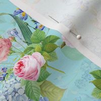 14"  Pierre-Joseph Redouté- Pierre-Joseph Redoute- Redouté fabric,Roses fabric-Redoute roses- - Victorian Moody Flowers Blush Roses, Lilacs and Hydrangea Bouquet - Redoute fabric, double layer on teal blue