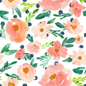 Summer's Blush Coral Watercolor Florals - Navy Dots