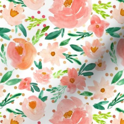 Summer's Blush Coral Watercolor Florals -  Gold Pink Dots - SMALL