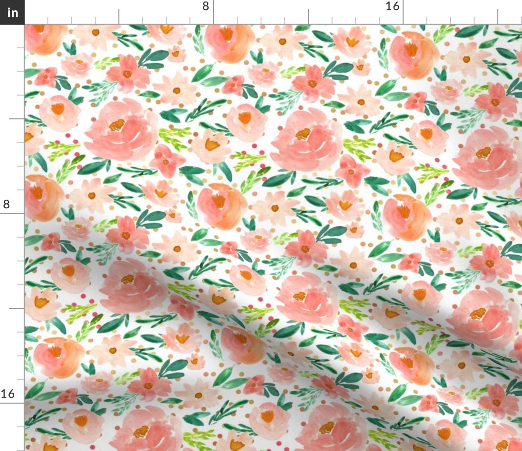 Summer's Blush Coral Watercolor Florals -  Gold Pink Dots - SMALL