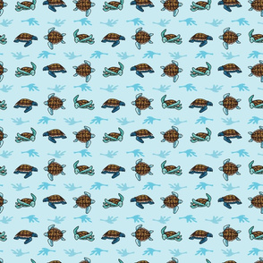  Cute sea turtle group grid cartoon seamless pattern. 