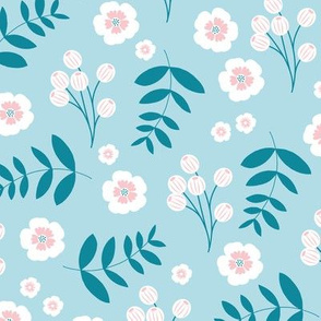 Bohemian summer blossom botanical leaves and cherry flower branch indian summer blue pink