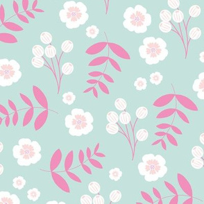 Bohemian summer blossom botanical leaves and cherry flower branch indian summer mint pink