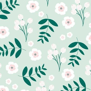 Bohemian summer blossom botanical leaves and cherry flower branch indian summer mint green pink