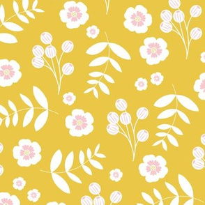 Bohemian summer blossom botanical leaves and cherry flower branch indian summer ochre yellow pink