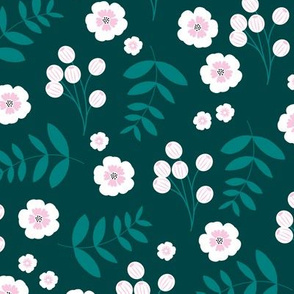 Bohemian summer blossom botanical leaves and cherry flower branch indian summer teal green pink