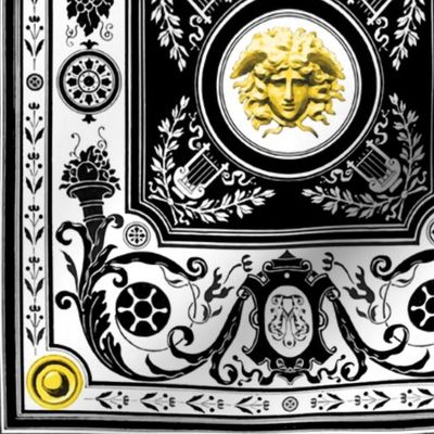 medusa  filigree baroque rococo black gold yellow flowers floral leaves leaf bows harps acanthus Victorian vases pots herald coat of arms Cornucopia horn of plenty medallions fruits monochrome   inspired