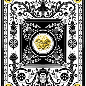 medusa  filigree baroque rococo black gold yellow flowers floral leaves leaf bows harps acanthus Victorian vases pots herald coat of arms Cornucopia horn of plenty medallions fruits monochrome   inspired