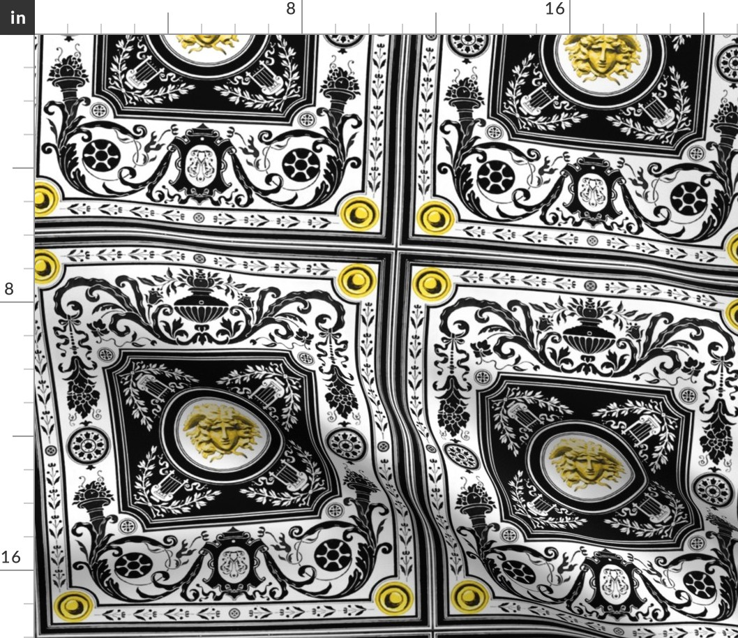 medusa  filigree baroque rococo black gold yellow flowers floral leaves leaf bows harps acanthus Victorian vases pots herald coat of arms Cornucopia horn of plenty medallions fruits monochrome   inspired