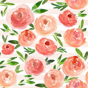 Coral Crush Summer Floral on Blush Stripes