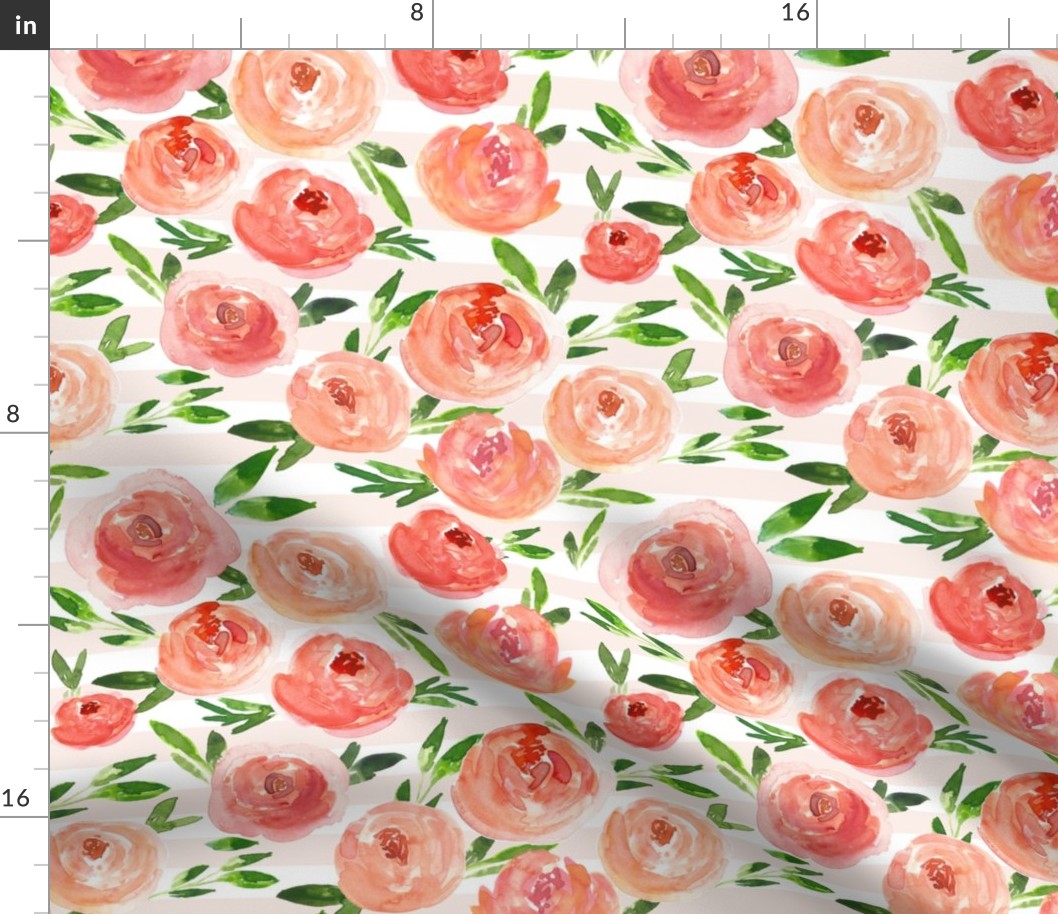 Coral Crush Summer Floral on Blush Stripes