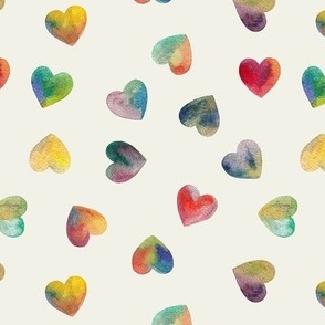 Hand Painted Watercolour Multi Coloured Hearts Off White Medium