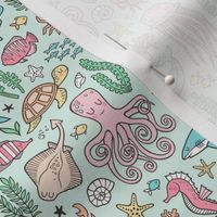 Ocean Marine Sea Life Doodle with Shark, Whale, Octopus, Yellyfish, Seaturtle on Soft Mint Green Smaller 2 inch