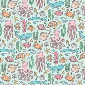 Ocean Marine Sea Life Doodle with Shark, Whale, Octopus, Yellyfish, Seaturtle on Soft Mint Green Smaller 2 inch