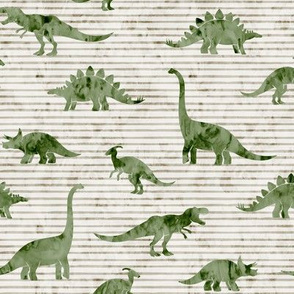 Dinosaurs - Dinos watercolor - sage on beige stripes - LAD19