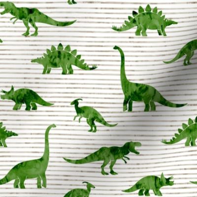 Dinosaurs - Dinos watercolor - green on beige stripes - LAD19