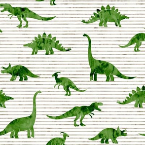 Dinosaurs - Dinos watercolor - green on beige stripes - LAD19