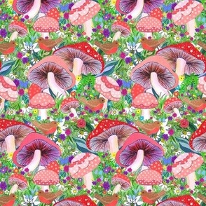 red mushroom forest floral with robins 