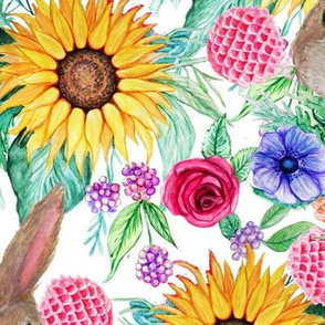 watercolor sunflower, rabbits ,  flowers and berries , large