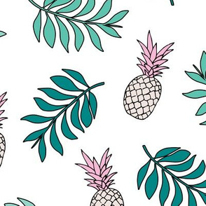 Pineapple paradise island vibes fruit and botanical leaves summer surf green pink LARGE