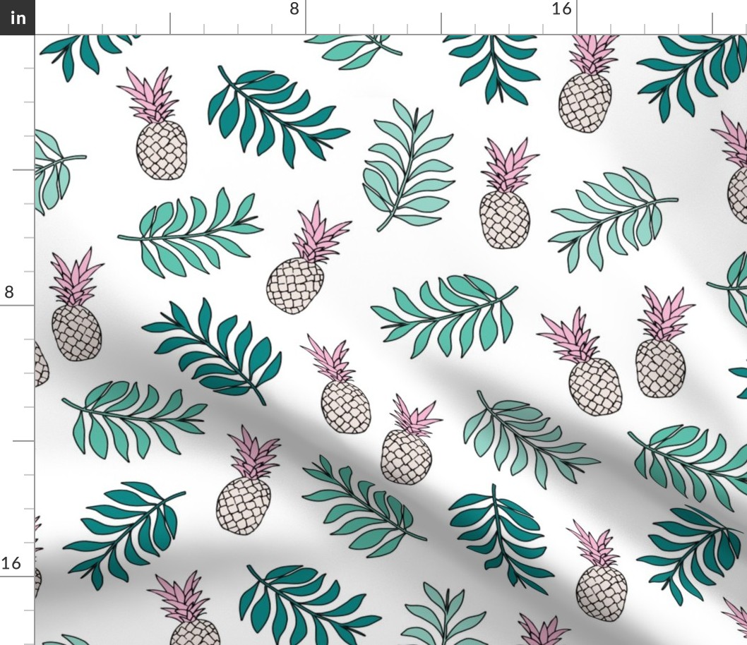 Pineapple paradise island vibes fruit and botanical leaves summer surf green pink LARGE