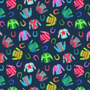 Jockey Silks and Horseshoes in Rainbow Shades on Navy