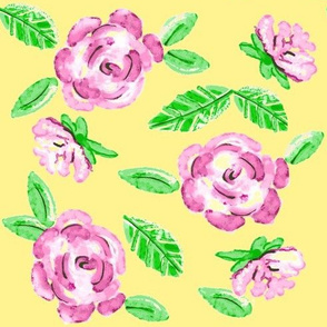 Shabby Pink Rose on Yellow  / Floral 
