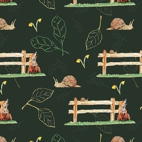 Hand Painted Fox Next To fence With Snail, Daffodils And Leaves Dark Green Medium