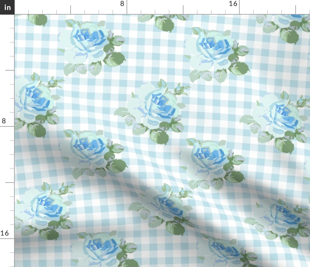 Seaside Garden Roses Gingham aqua 