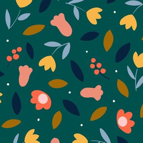 Bold colorful flowers on dark green