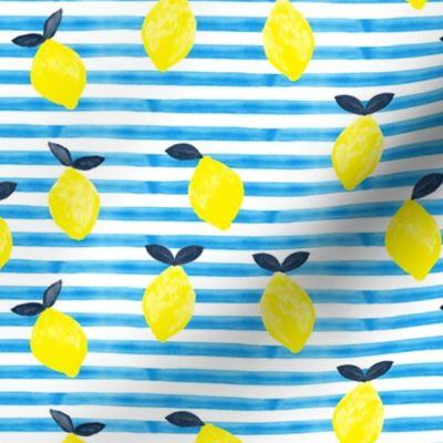 lemons - bright blue  stripes - watercolor summer - LAD19