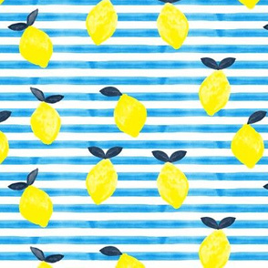 lemons - bright blue  stripes - watercolor summer - LAD19