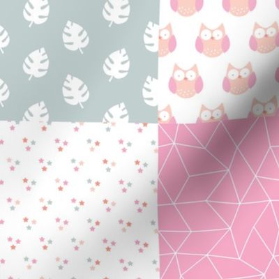 Cute owls and rainbows summer botanical leaves baby blanket pink peach gray girls