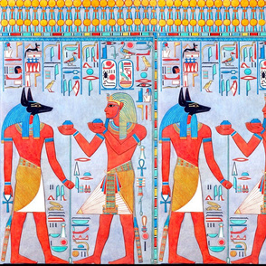 Anubis God ancient egypt egyptian king pharaoh death jackal dead afterlife hieroglyphics tribal offerings blue orange brown Horus eyes scarab beetle birds Ankh