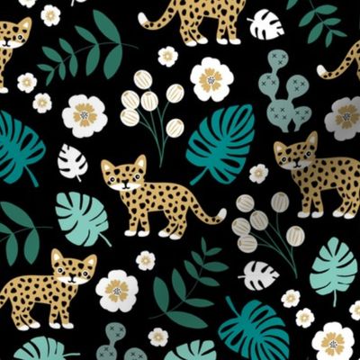 Sweet little wild cat tiger jungle botanical monstera palm leaves and flowers summer yellow green black boys