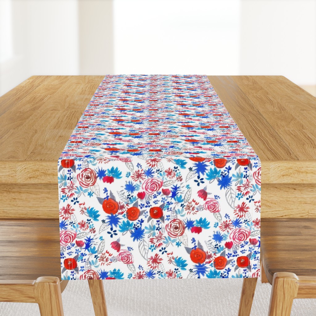 Patriotic Red, White,  Blue Watercolor Floral (Medium Scale)